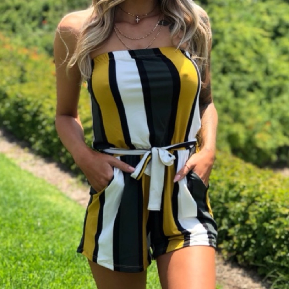 Strapless Romper, Black Gold White. Pockets